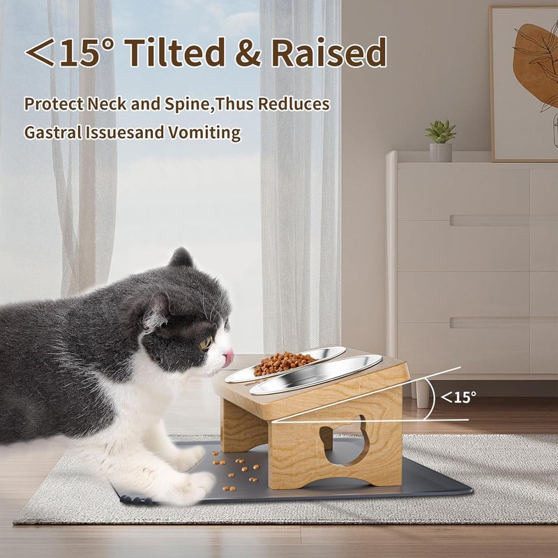INNVVIS Elevated Cat Bowls with Silicone Mat, 15° Tilted Solid Wood Stand, Raised Stainless Steel Food & Water Dishes for Cats and Small Dogs, Anti-Vomiting Design(Natural) - Image 5